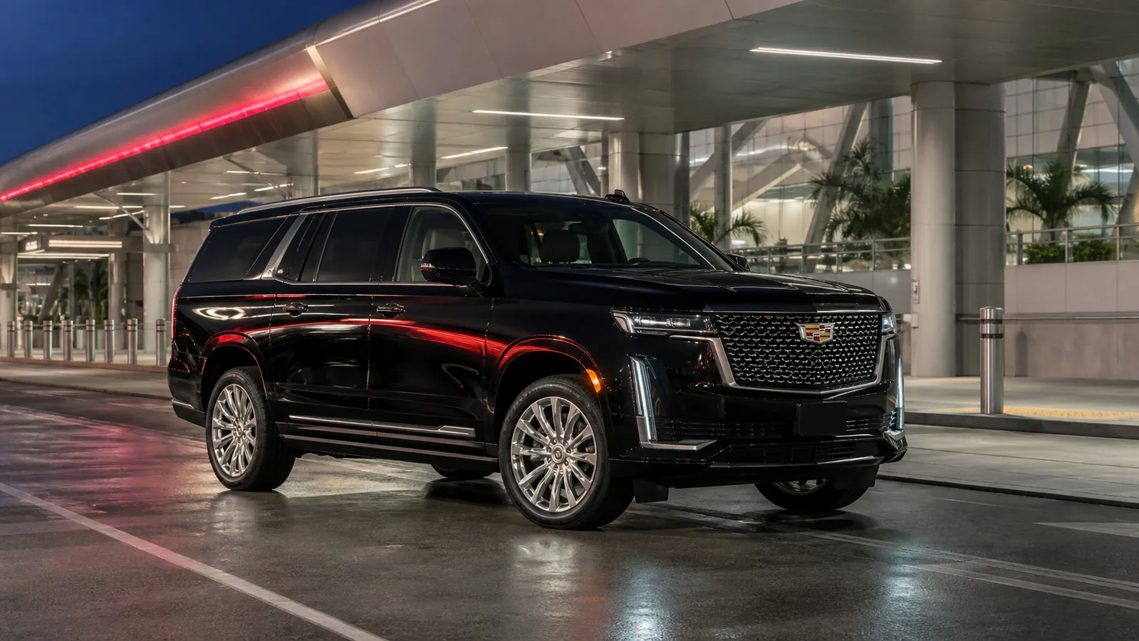 Black 2022 Cadillac Escalade staged for a pre-arranged Miami airport pickup