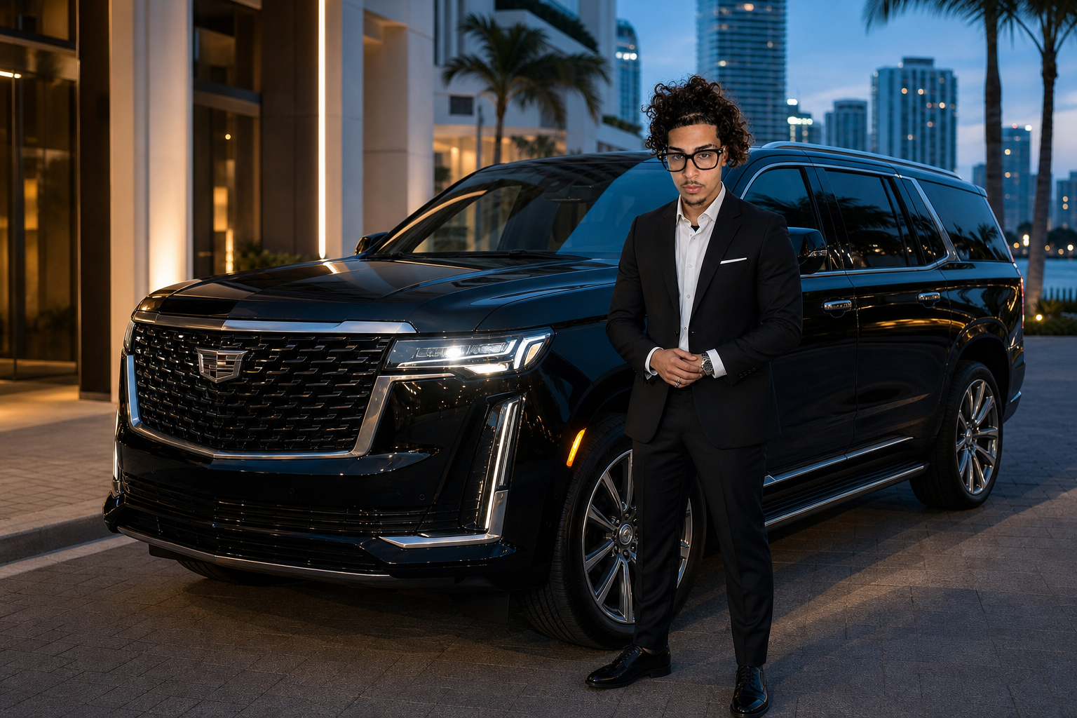 Marco Perezverti, founder and owner of Gunza Wrld Executive Transportation, beside a black Cadillac Escalade in Miami
